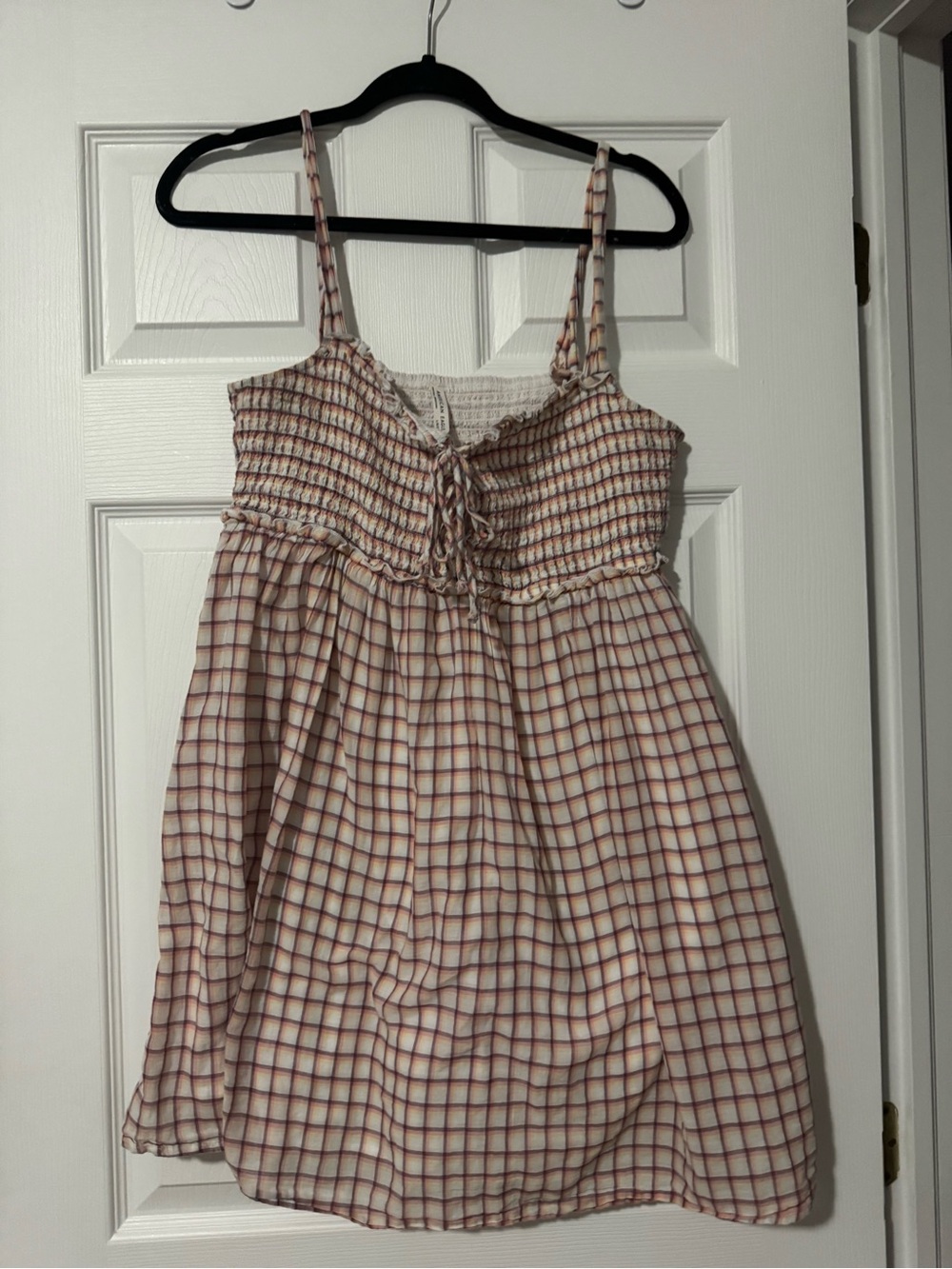American Eagle Outfitters Pink and Brown Plaid Smocked Tunic